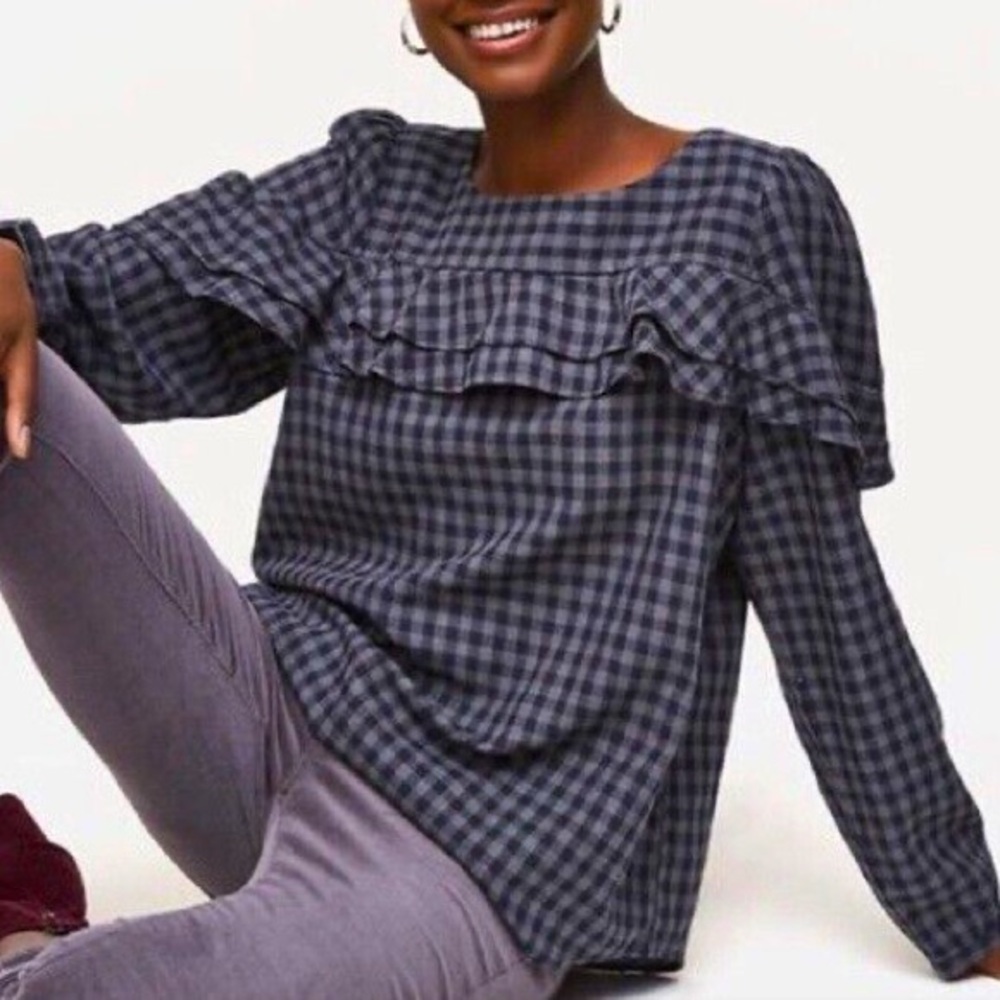 Loft Women’s Black Gingham Brushed Cotton Ruffle Blouse Top Large